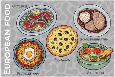 Popüler Batı ve Orta Avrupa Gıda Seti. El çizimi & Vektör.