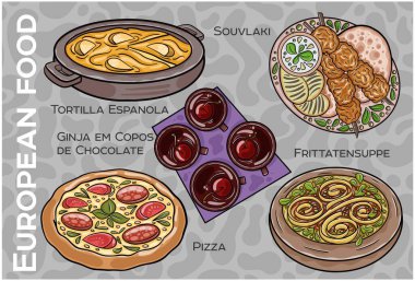 Popüler Batı ve Orta Avrupa Gıda Seti. El çizimi & Vektör.