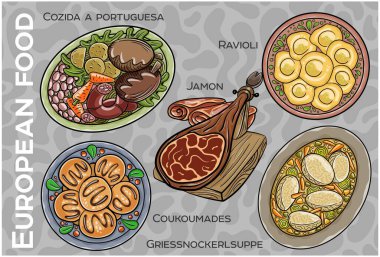 Popüler Batı ve Orta Avrupa Gıda Seti. El çizimi & Vektör.