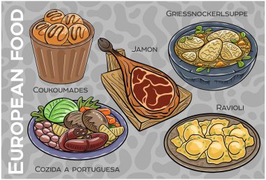 Popüler Batı ve Orta Avrupa Gıda Seti. El çizimi & Vektör.