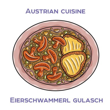 Eierschwammerl Gulash, mantar, soğan, sarımsak, kırmızı biber ve ekşi krema ile yapılan geleneksel bir Avusturya yemeğidir.