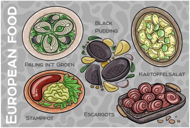 Popüler Batı ve Orta Avrupa Gıda Seti. El çizimi & Vektör.