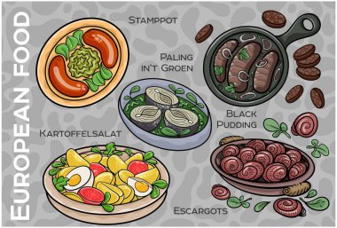 Popüler Batı ve Orta Avrupa Gıda Seti. El çizimi & Vektör.