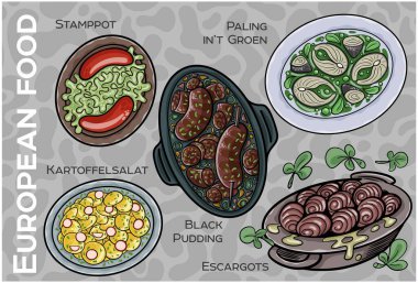 Popüler Batı ve Orta Avrupa Gıda Seti. El çizimi & Vektör.