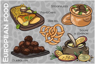 Popüler Batı ve Orta Avrupa Gıda Seti. El çizimi & Vektör.