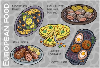 Popüler Batı ve Orta Avrupa Gıda Seti. El çizimi & Vektör.