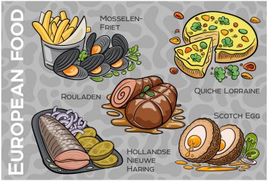 Popüler Batı ve Orta Avrupa Gıda Seti. El çizimi & Vektör.