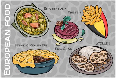 Popüler Batı ve Orta Avrupa Gıda Seti. El çizimi & Vektör.