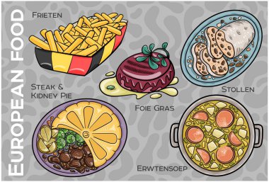 Popüler Batı ve Orta Avrupa Gıda Seti. El çizimi & Vektör.