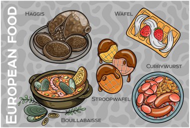 Popüler Batı ve Orta Avrupa Gıda Seti. El çizimi & Vektör.