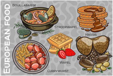 Popüler Batı ve Orta Avrupa Gıda Seti. El çizimi & Vektör.
