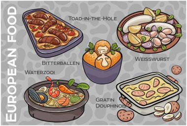 Popüler Batı ve Orta Avrupa Gıda Seti. El çizimi & Vektör.