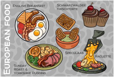 Popüler Batı ve Orta Avrupa Gıda Seti. El çizimi & Vektör.