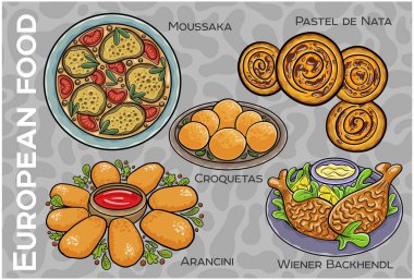 Popüler Batı ve Orta Avrupa Gıda Seti. El çizimi & Vektör.