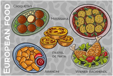 Popüler Batı ve Orta Avrupa Gıda Seti. El çizimi & Vektör.