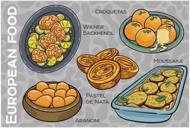 Popüler Batı ve Orta Avrupa Gıda Seti. El çizimi & Vektör.