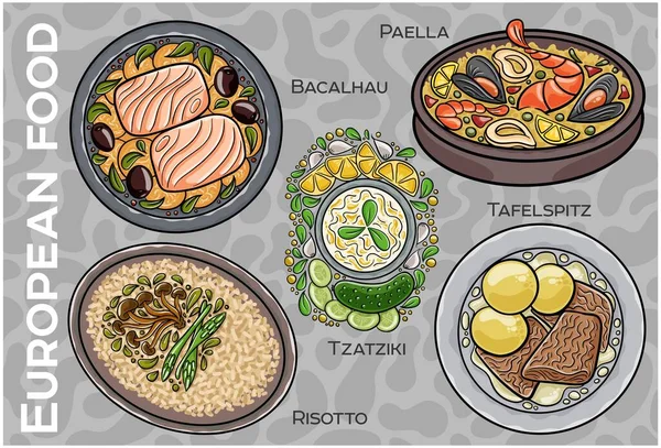 Popüler Batı ve Orta Avrupa Gıda Seti. El çizimi & Vektör.