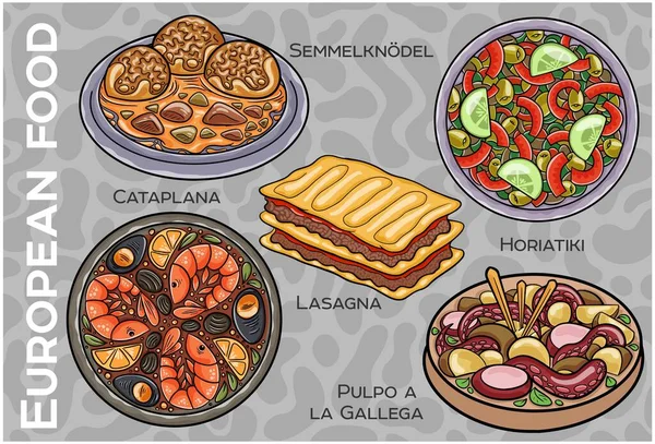 Popüler Batı ve Orta Avrupa Gıda Seti. El çizimi & Vektör.