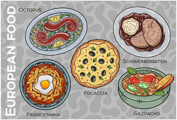 Popüler Batı ve Orta Avrupa Gıda Seti. El çizimi & Vektör.