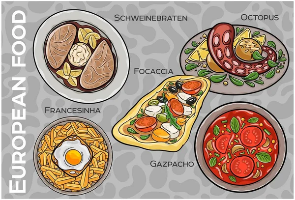 Popüler Batı ve Orta Avrupa Gıda Seti. El çizimi & Vektör.