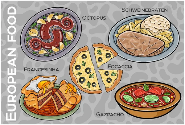 Popüler Batı ve Orta Avrupa Gıda Seti. El çizimi & Vektör.