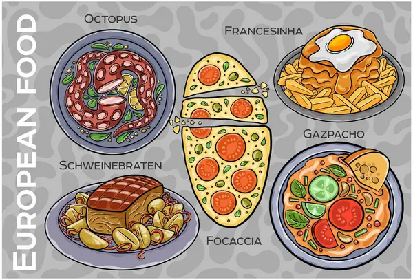 Popüler Batı ve Orta Avrupa Gıda Seti. El çizimi & Vektör.
