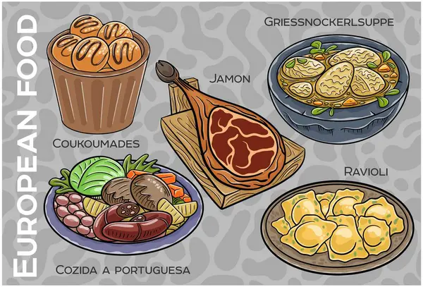 Popüler Batı ve Orta Avrupa Gıda Seti. El çizimi & Vektör.