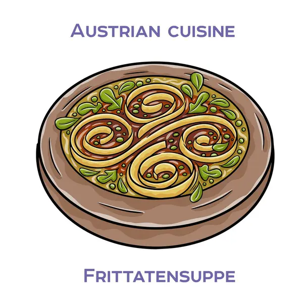 Frittatensuppe, şeffaf et suyu, ince krep şeritleri ve soğanla süslenmiş klasik bir Avusturya çorbasıdır.