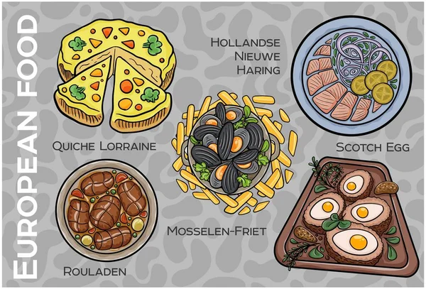 Popüler Batı ve Orta Avrupa Gıda Seti. El çizimi & Vektör.