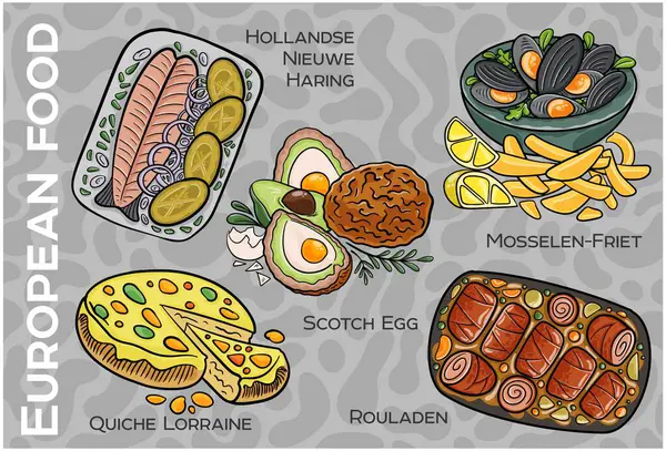 Popüler Batı ve Orta Avrupa Gıda Seti. El çizimi & Vektör.
