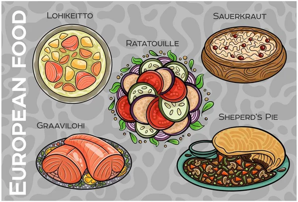 Popüler Batı ve Orta Avrupa Gıda Seti. El çizimi & Vektör.