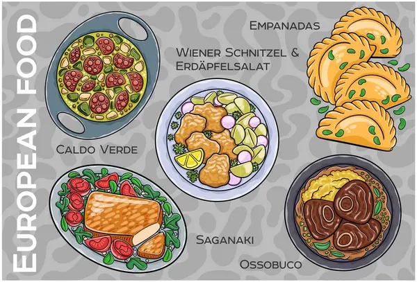 Popüler Batı ve Orta Avrupa Gıda Seti. El çizimi & Vektör.