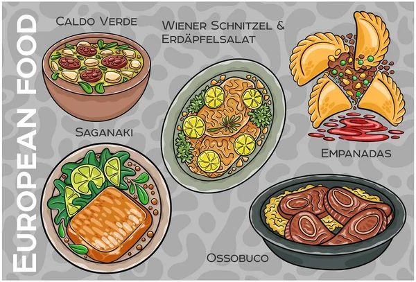 Popüler Batı ve Orta Avrupa Gıda Seti. El çizimi & Vektör.