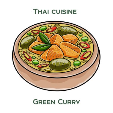 Geleneksel Tayland yemekleri. Beyaz arka planda yeşil köri. İzole vektör illüstrasyonu.