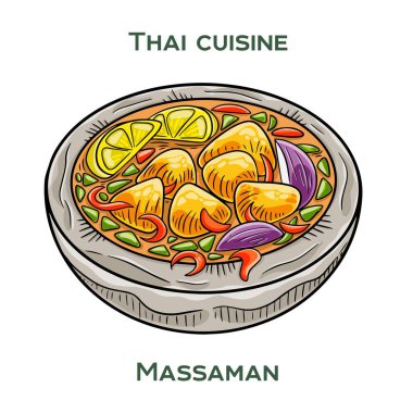 Geleneksel Tayland yemekleri. Beyaz arka planda Massaman. İzole vektör illüstrasyonu.