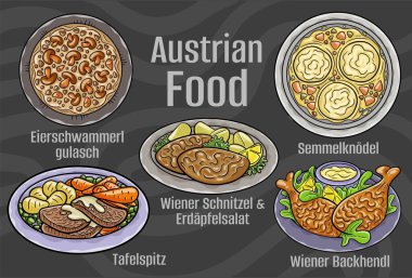 Popüler Avusturya Ulusal Mutfak Seti. Koyu arkaplanda elle çizilmiş vektör çizimi.