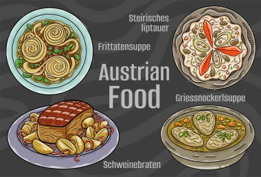 Popüler Avusturya Ulusal Mutfak Seti. Koyu arkaplanda elle çizilmiş vektör çizimi.