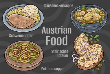 Popüler Avusturya Ulusal Mutfak Seti. Koyu arkaplanda elle çizilmiş vektör çizimi.