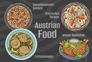 Popüler Avusturya Ulusal Mutfak Seti. Koyu arkaplanda elle çizilmiş vektör çizimi.
