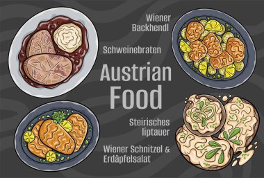 Popüler Avusturya Ulusal Mutfak Seti. Koyu arkaplanda elle çizilmiş vektör çizimi.