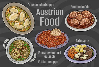 Popular Austrian National Cuisine Set. Hand-drawn vector illustration on a dark background. clipart