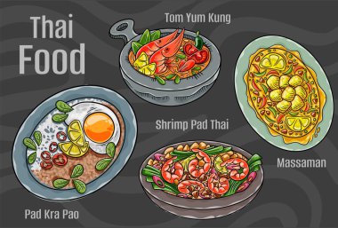 Tayland popüler yemekleri. Klasik yemek takımı. Çizgi film çizimi çizimi.