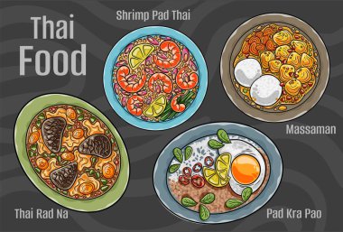 Tayland popüler yemekleri. Klasik yemek takımı. Çizgi film çizimi çizimi.
