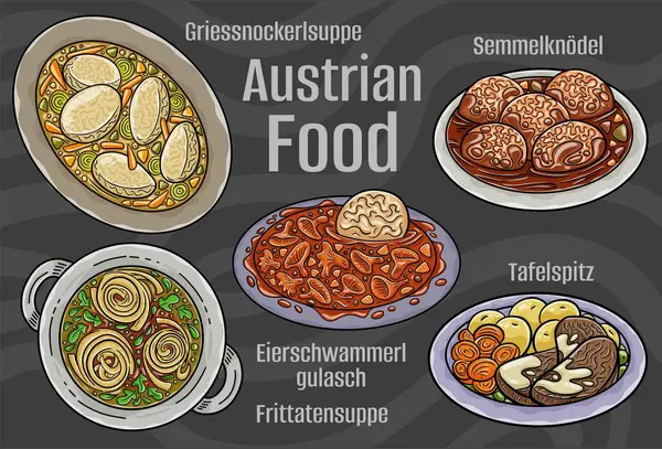 stock vector Popular Austrian National Cuisine Set. Hand-drawn vector illustration on a dark background.