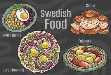 Popüler İsveç Ulusal Mutfak Seti. Koyu arkaplanda elle çizilmiş vektör çizimi.