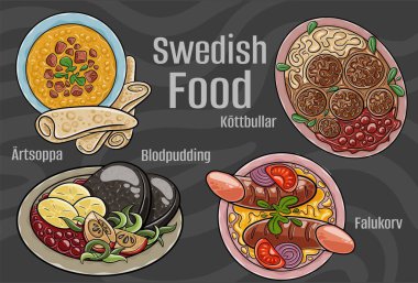 Popüler İsveç Ulusal Mutfak Seti. Koyu arkaplanda elle çizilmiş vektör çizimi.