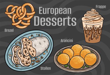 Popular desserts and sweets of European cuisines. Hand-drawn vector illustration clipart