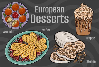Avrupa mutfağının popüler tatlıları ve tatlıları. El çizimi vektör illüstrasyonu