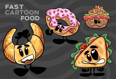 A set of fast-food cartoon characters. Hand-drawn vector illustration clipart
