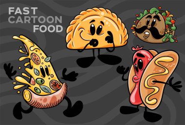 A set of fast-food cartoon characters. Hand-drawn vector illustration clipart